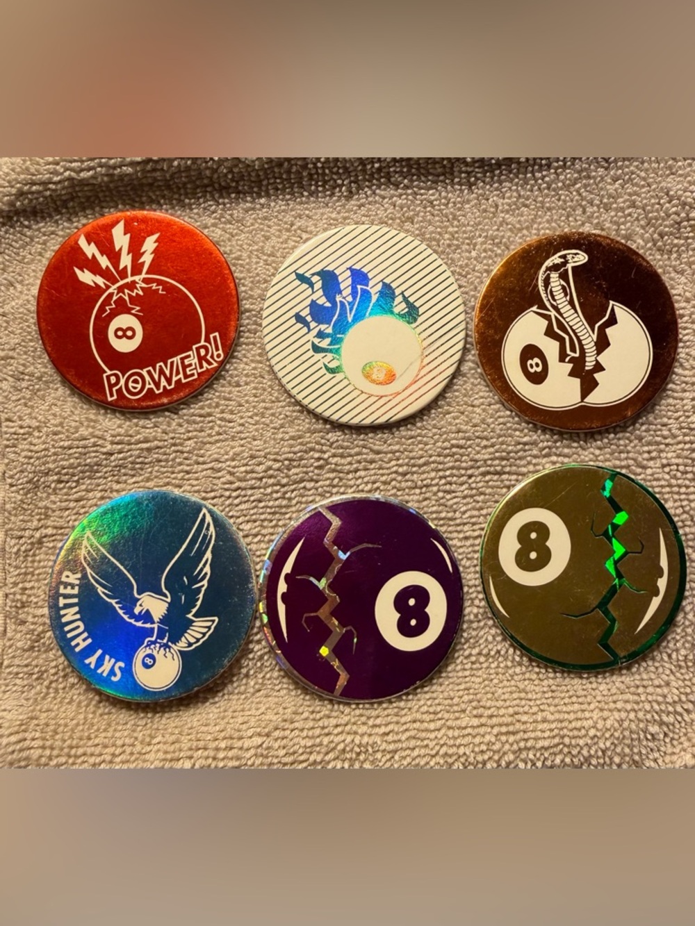 Vintage Cardboard POGS Holographic 8-Ball Game Tokens – Multicolor Set of 6